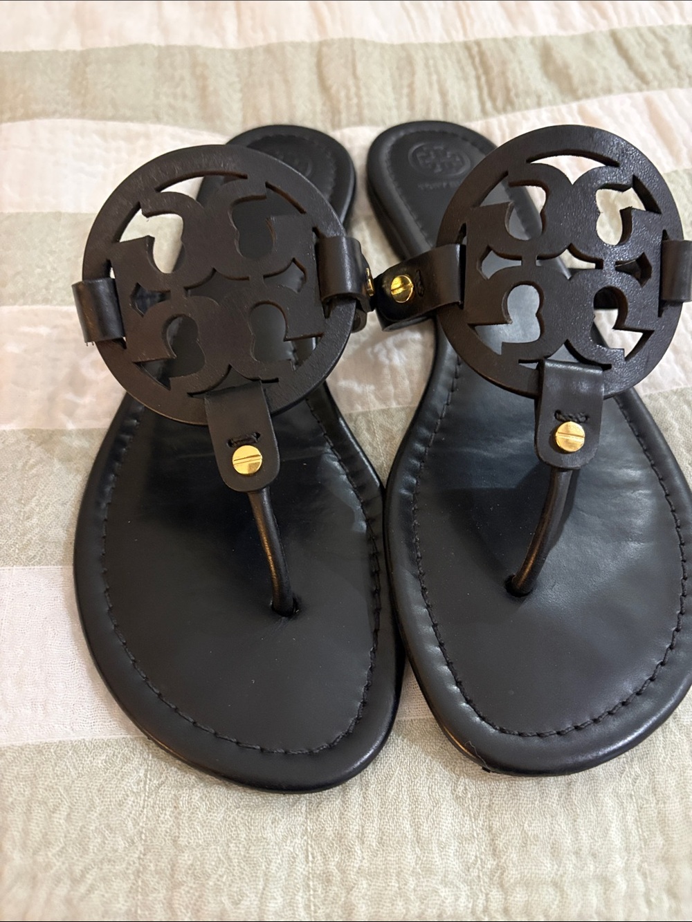 Tory Burch Black Logo Medallion Thong Sandals with Gold Accent